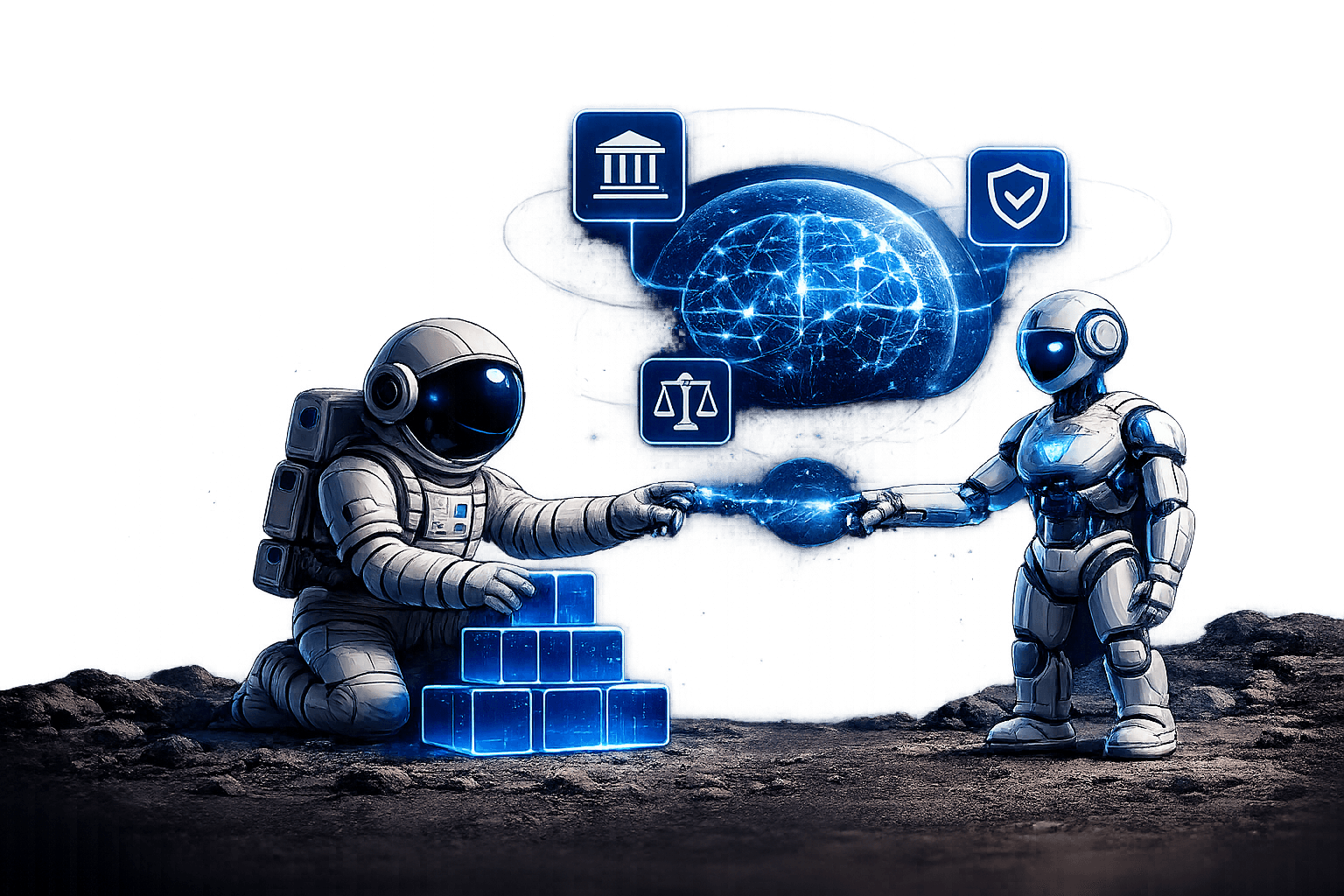 Astronaut and AI agent connecting to a neural legal intelligence network